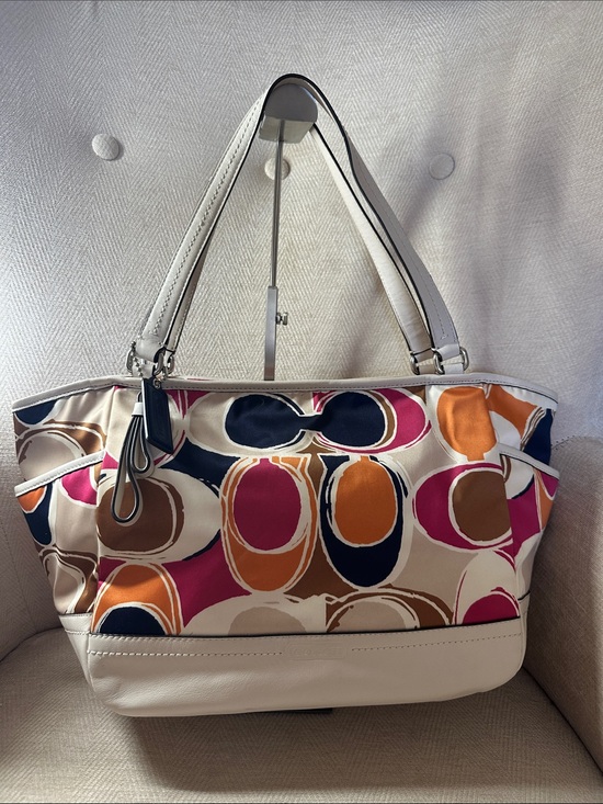 Coach Handbags - Coach Multicolor Oval Print Shoulder Bag with Cream Leather Trim